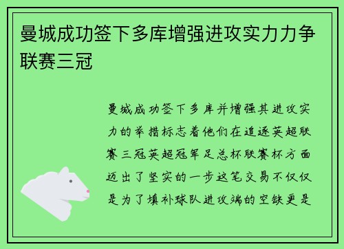 曼城成功签下多库增强进攻实力力争联赛三冠